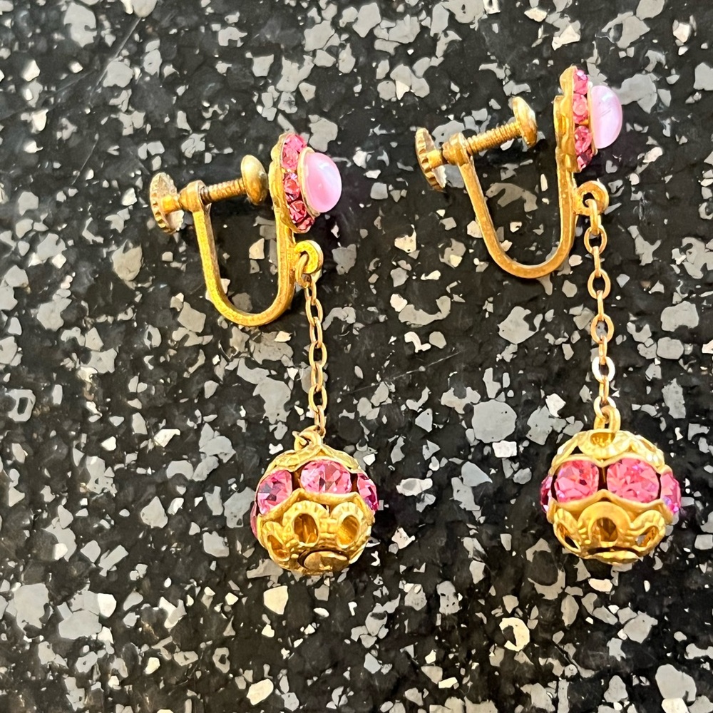Gold and Pink Dangle Earrings vintage Austrian crystal
